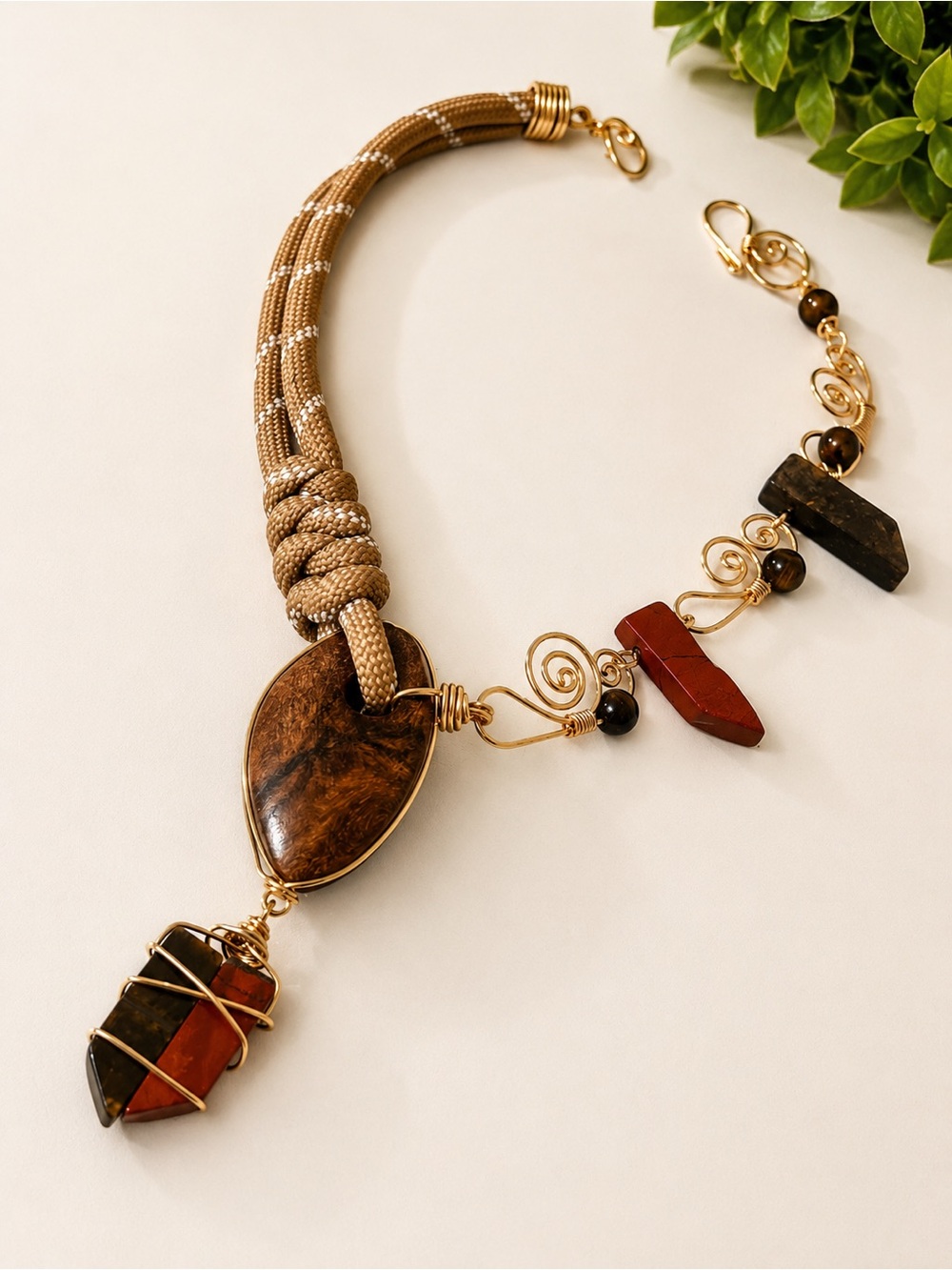 Beaded Stone Statement Necklace - Brown and Gold